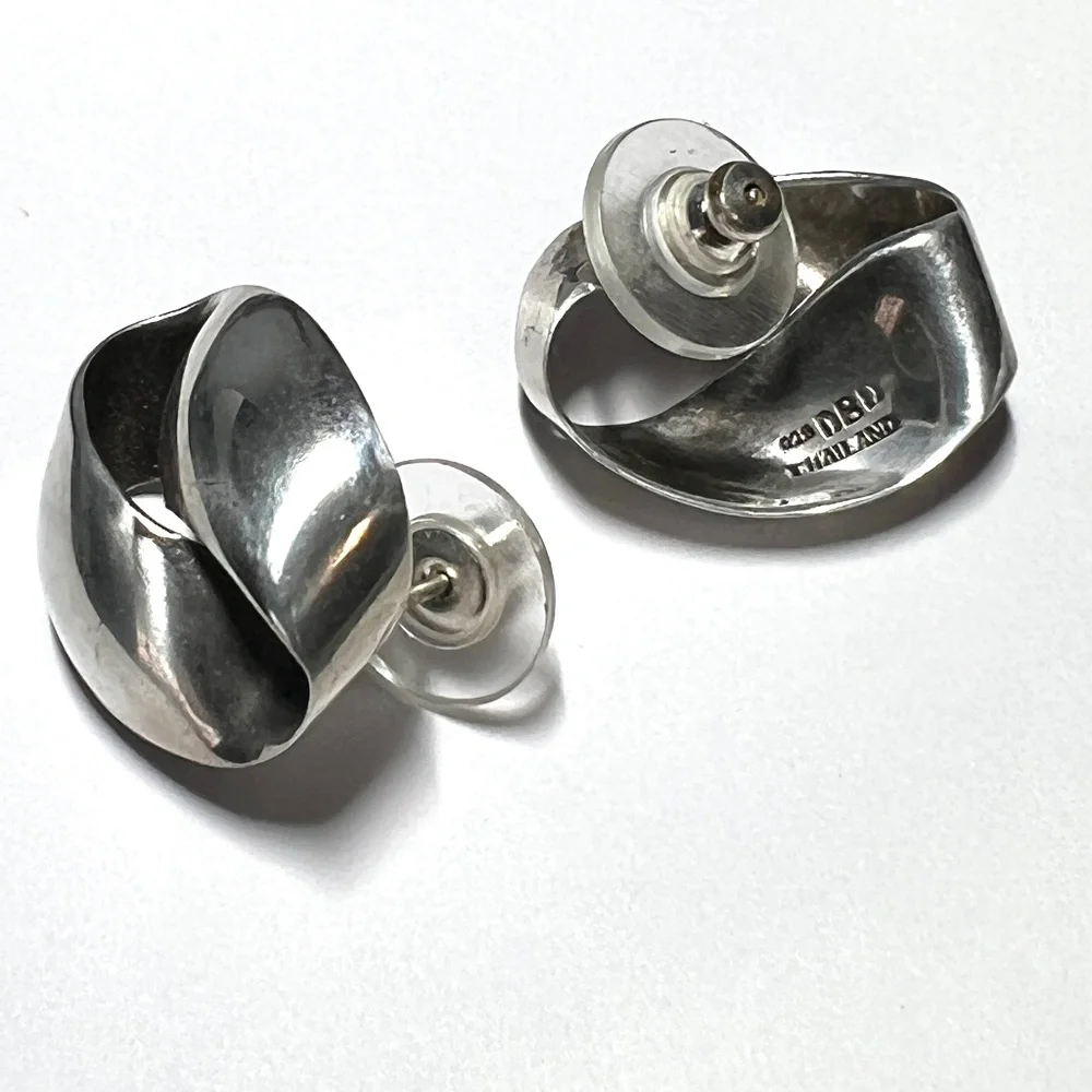 MidCentury Eternity Silver Earrings - 925 Abstract Endless Ribbon Post Earrings - Picture 9 of 9